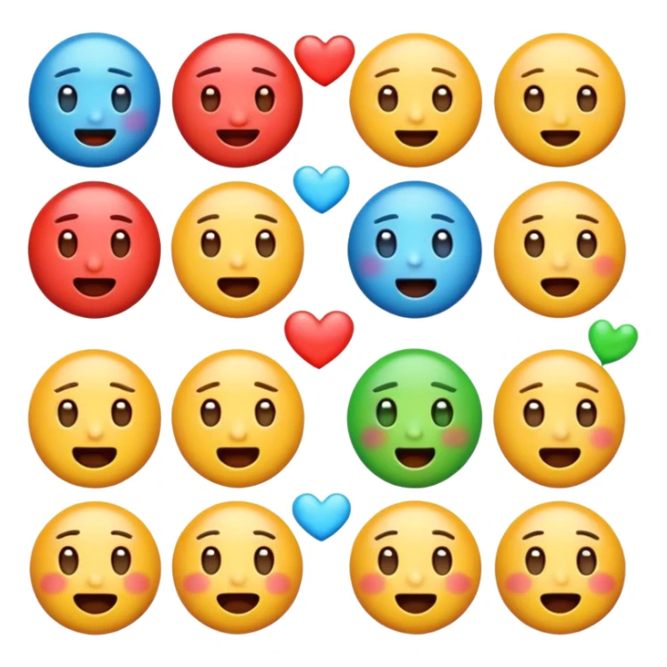 Generate a set of colorful, high-resolution emojis representing emotions like happiness, sadness, anger, love, surprise, and excitement. The emojis should have a glossy 3D style with smooth gradients, cute expressions, and clear facial features. Transparent background."
 sticker