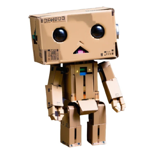 small cardboard robot named Danbo standing alone in a softly lit room, square head with two round black eyes and a small rectangular mouth, folded cardboard body, jointed arms and legs, wooden flooring, warm tones, soft shadows, cartoonish, clean lines, pastel colors, cozy and nostalgic atmosphere sticker
