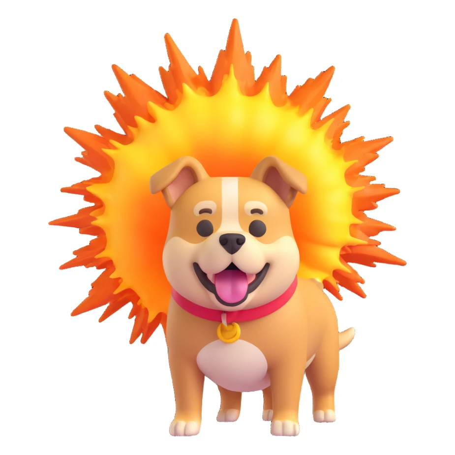 3D emoji-style dog with an exaggerated explosion effect, playful and not violent sticker