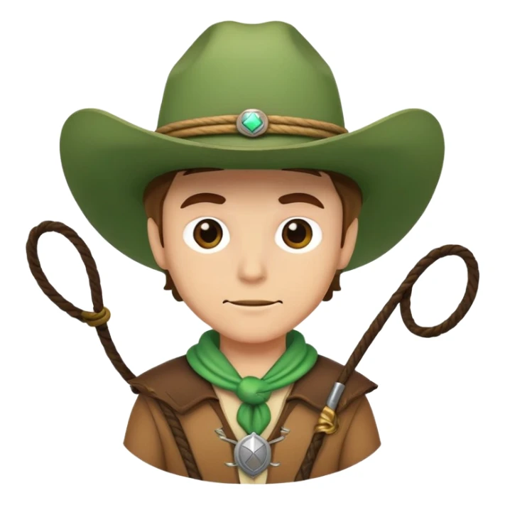 Cowboy character wearing a green hat with a lasso sticker