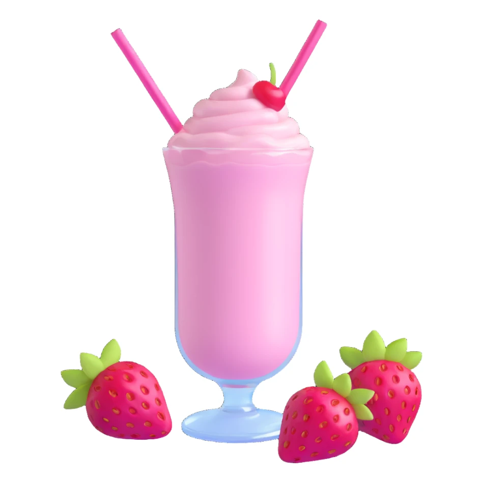 3D style strawberry milkshake with pink hue and cherry on top, glass with straw, simple background sticker