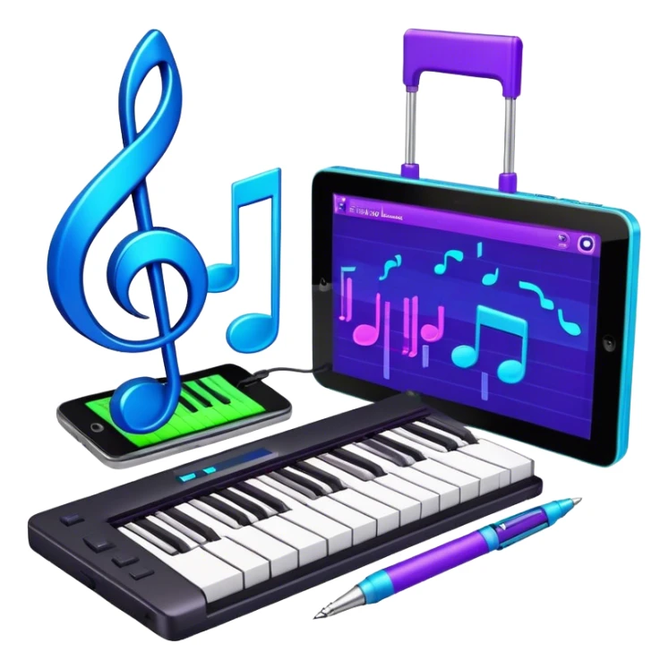 Create a creative and inspiring emoji that represents writing music tracks. The design should feature musical notes, a pen or pencil, and a digital audio workstation (DAW) interface or a computer screen with a visible waveform, symbolizing the process of composing and arranging a track. Add elements like a metronome or a pair of headphones to reflect the recording and editing aspects. Use vibrant colors like electric blue, purple, or neon green to represent creativity and innovation in music production. The background should be transparent. sticker