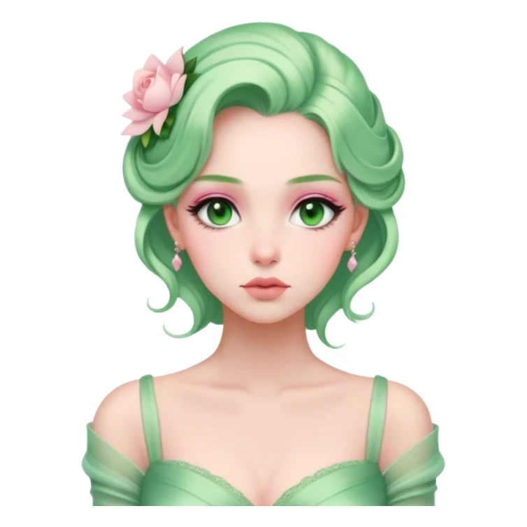Cinematic Elegant Mulan Portrait Emoji, Dressed in her delicate green matchmaker gown, soft pink makeup, hair pinned perfectly, looking wistful yet radiant, eyes reflecting the depth of her spirit, capturing both her beauty and inner strength! sticker