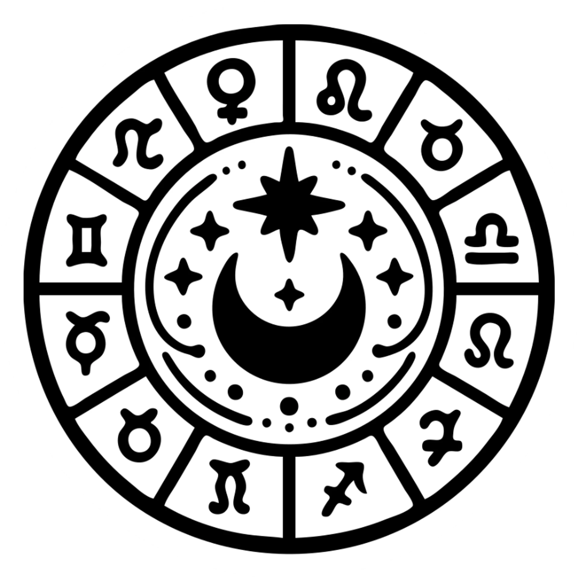vintage astrology natal chart icon with intricate celestial symbols, mystical and ornate, solid black filled sticker