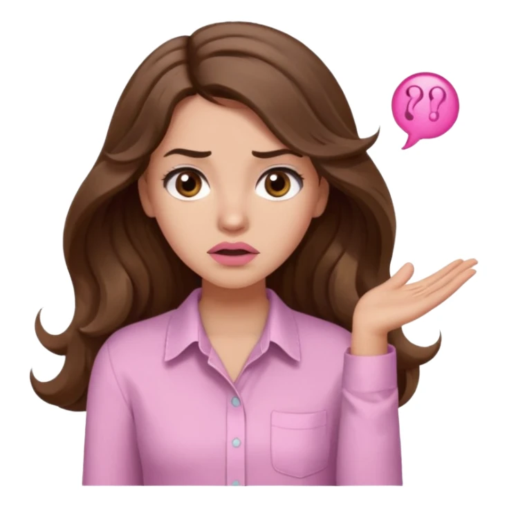 girl with wavy long brown hair, brown eyes, light to medium complexion, long lashes, light pink lipstick, wearing light pink shirt, shrugging, confused sticker