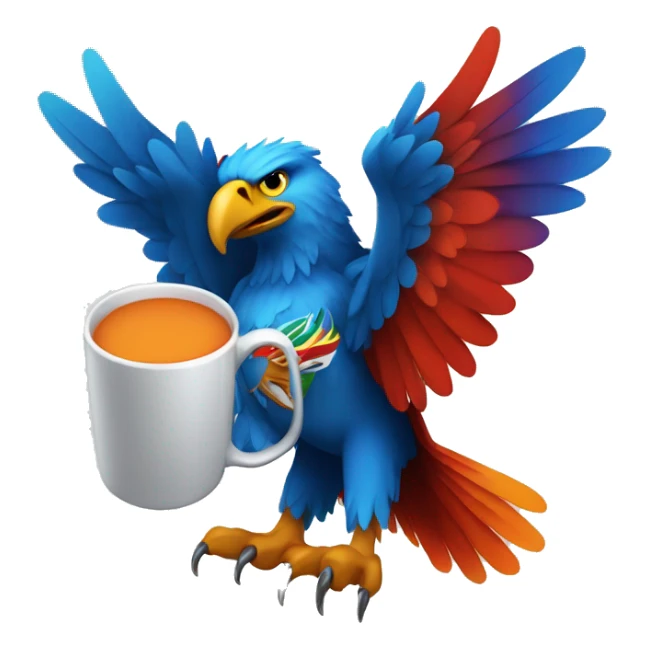 create a blue, blue eagle with colorful wings in the colors: orange, red and green holding a mug. sticker