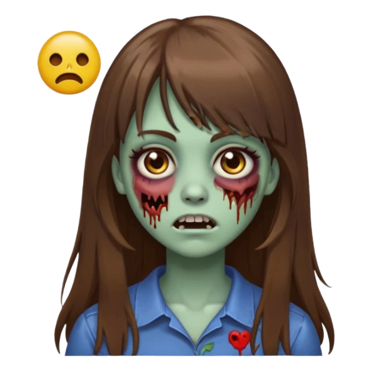 zombie girl, with long brown hair and bangs, ex with emojis:🧟‍♀️🙍‍♀️ sticker