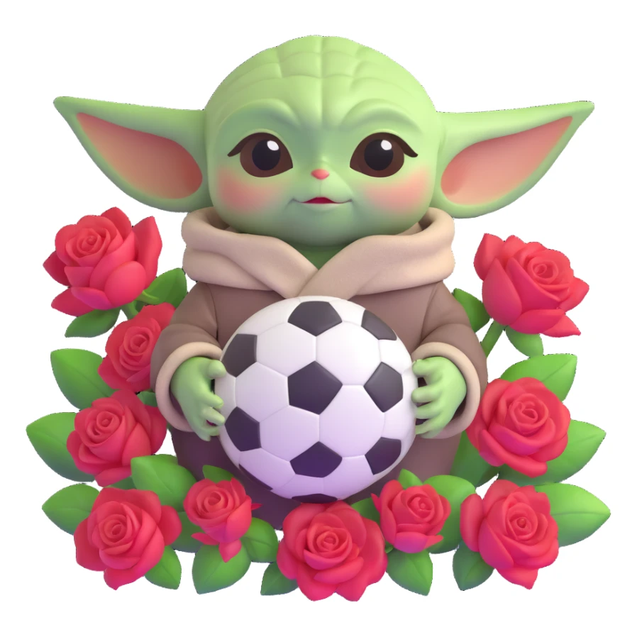 baby yoda holding soccer ball with roses sticker