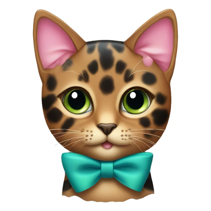 tortoiseshell cat with green-blue eyes and a pink bow collar sticker
