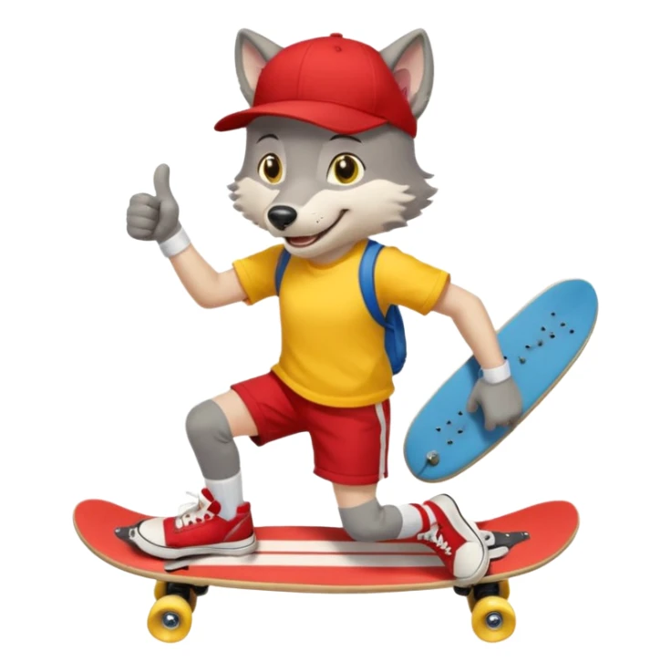 A gray wolf with large, expressive eyes and a friendly smile. The gray wolf is wearing a bright yellow T-shirt, red shorts, white knee socks, and sneakers. The baseball cap is worn backwards. The wolf holds a skateboard in one hand and gives a thumbs-up with the other, a confident and cheerful pose. sticker