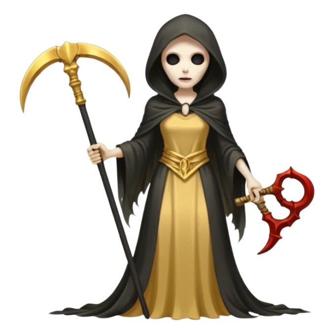 feminine grim reaper in a gold with scythe sticker