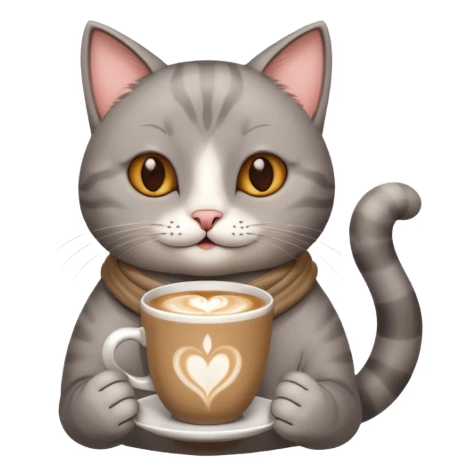 Happy gray Cat holding in its front two paws an hot latte sticker