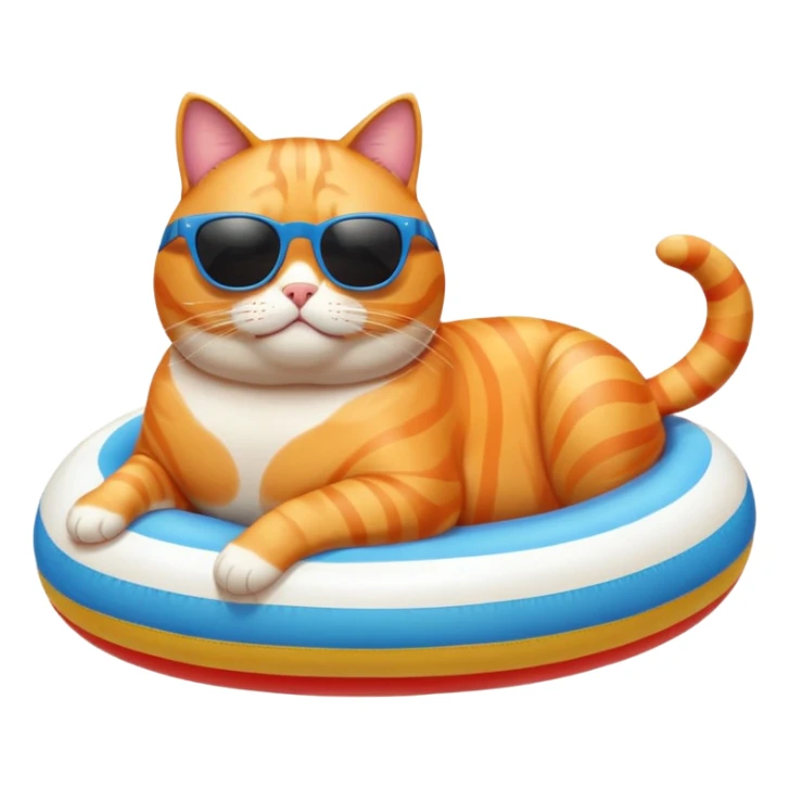 ￼fat orange Cat with sunglasses and a yello red blue and white striped pool floatpool float  sticker
