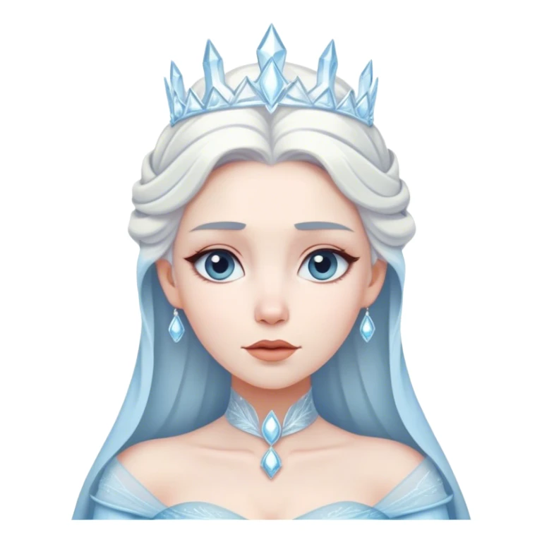 Cinematic Timeless Snow Queen Portrait Emoji, rendered in a clean, vector style. Depict Elsa with icy pale skin, intricately styled platinum hair, and a serene, regal expression, dressed in a minimalist ice-blue gown. The design features bold, simplified shapes, a soft, drowsy crystalline glow, and a subtle glowing outline, capturing the essence of timeless, majestic winter beauty. sticker