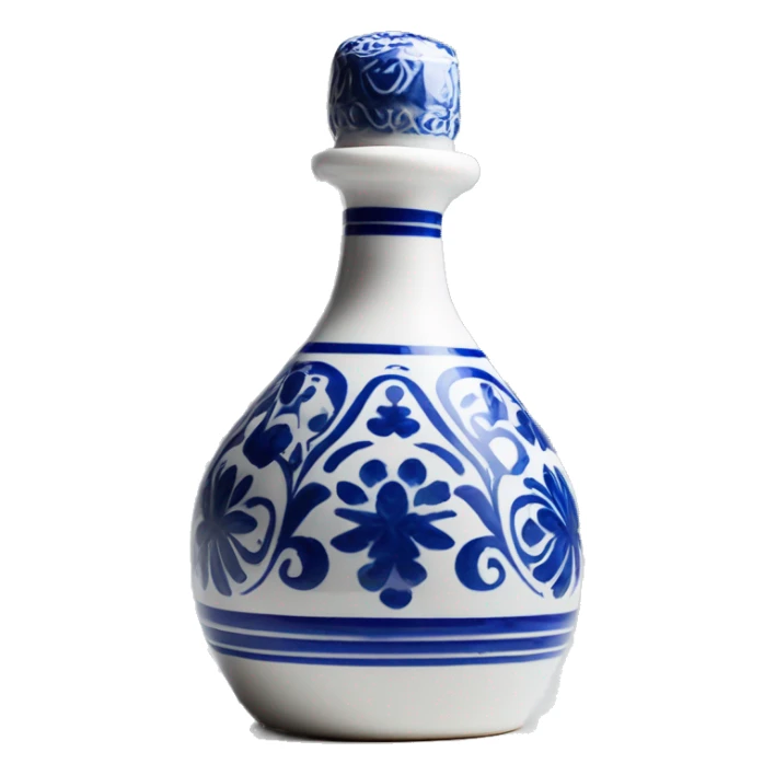 The Clase Azul Tequila bottle is tall and hourglass-shaped, with a wide base that tapers towards the neck. Its white ceramic body is decorated with cobalt blue floral designs, and it’s topped with a gray, bell-shaped stopper that curves inward. sticker