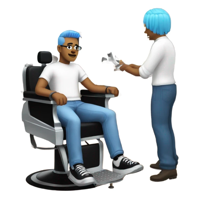 a guy with blue hair and a black head band getting a haircut  sticker