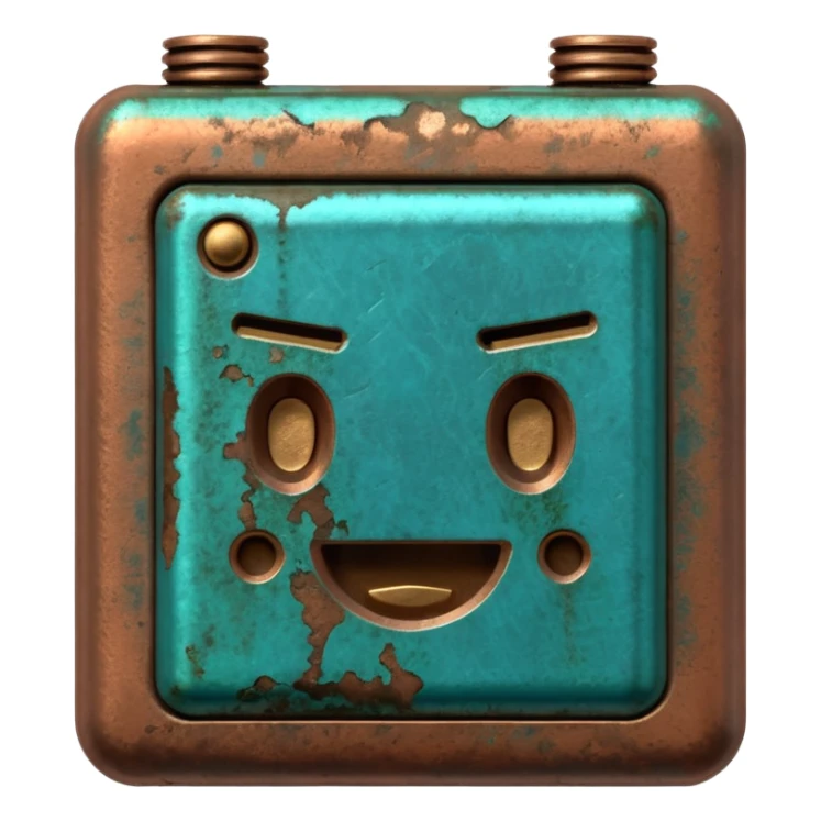 3D render of Battery Terminal, heavily oxidized copper texture, verdigris patina, Metal contact with blue/green powder corrosion, weathered bronze aesthetic, ancient decay, emoji style, isolated on white background --v 6.0. sticker