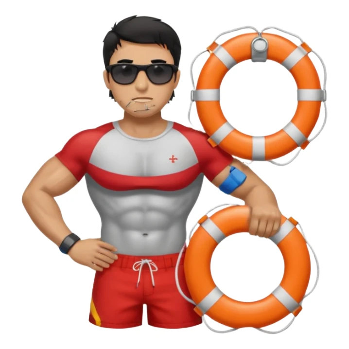 Dark Tan Muscular lifeguard without shirt with messy black hair with sunglasses, with life preserver sticker