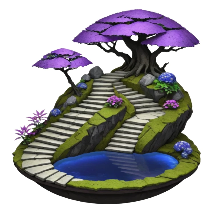 Crashed Alien saucer pool-house jungle winding staircase lakeside mountainside -island getaway haunted nighttime landscape antique mudman very old broken cracked intricate Stone Age lapis-crusted irregular dodecagon-shaped shallow dark moss rough bark violet serissa flowered maple tree bonsai sticker