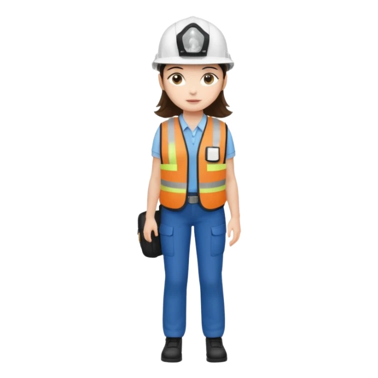 Brunette brown Girl full body standing with her white security helmet and security vest that fits her large on, also with her black backpack. Full body sticker