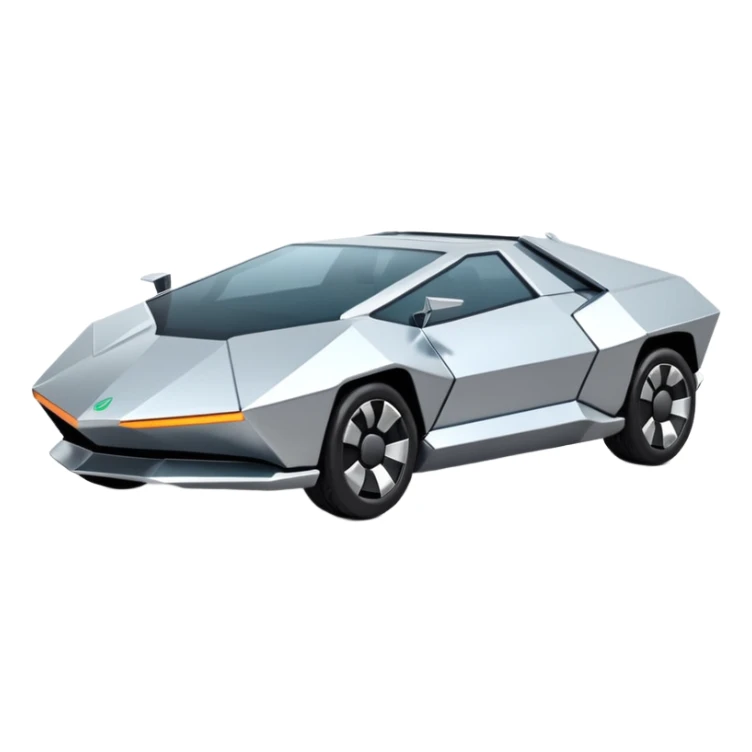 A futuristic chrome car emoji, sharp geometric body design inspired by cybertruck aesthetics, smooth silver metallic surface, matte and glossy chrome mix, minimal details, soft reflections, clean edges, iOS emoji style, centered, clean white background, soft studio lighting, no text sticker
