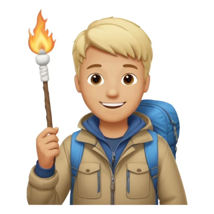 bşonde male with camping clothes holding marshmallow stick sticker