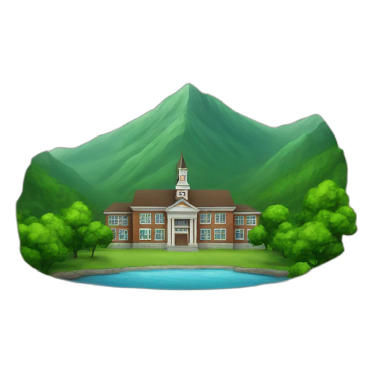 school with a beautiful green mountain in the background sticker