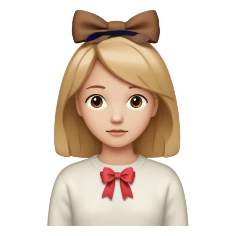 Pelo color marron claro acercándose a el rubio,suéter blanco con un moño marron, piel normal clara,y un mini moñito en la cabeza marron sticker
