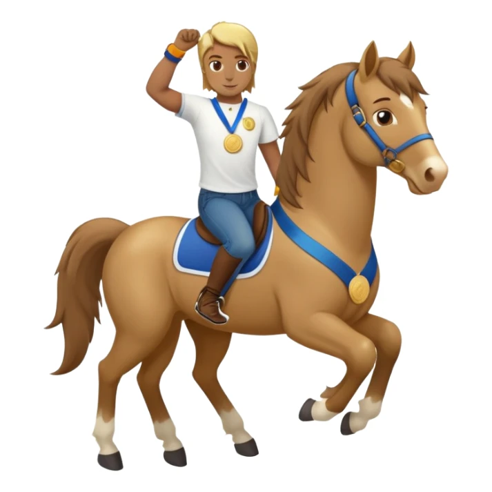 friendly anthropomorphised stallion in jeans and a t-shirt, standard pose, wearing a gold medal sticker