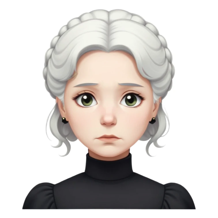 A Victorian woman with simple coiffed white hair and light eyes wearing a simple monochrome black turtleneck mourning dress with puffed sleeves looking down with a forlorn, miserable expression sticker