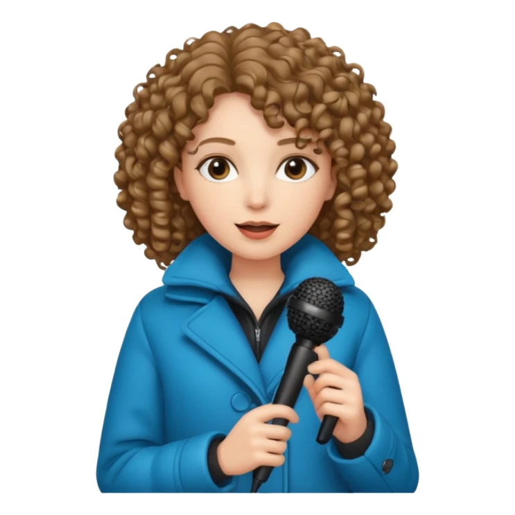 curly haired woman with winter clothes holding microphone sticker