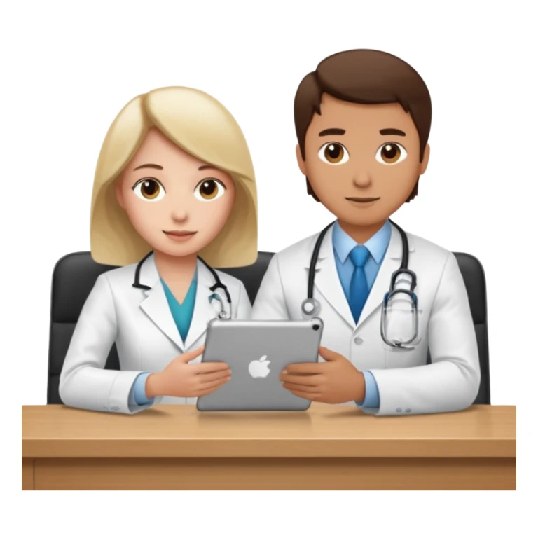 A sales rep showing content on and iPad to a physician who is sitting behind a desk sticker