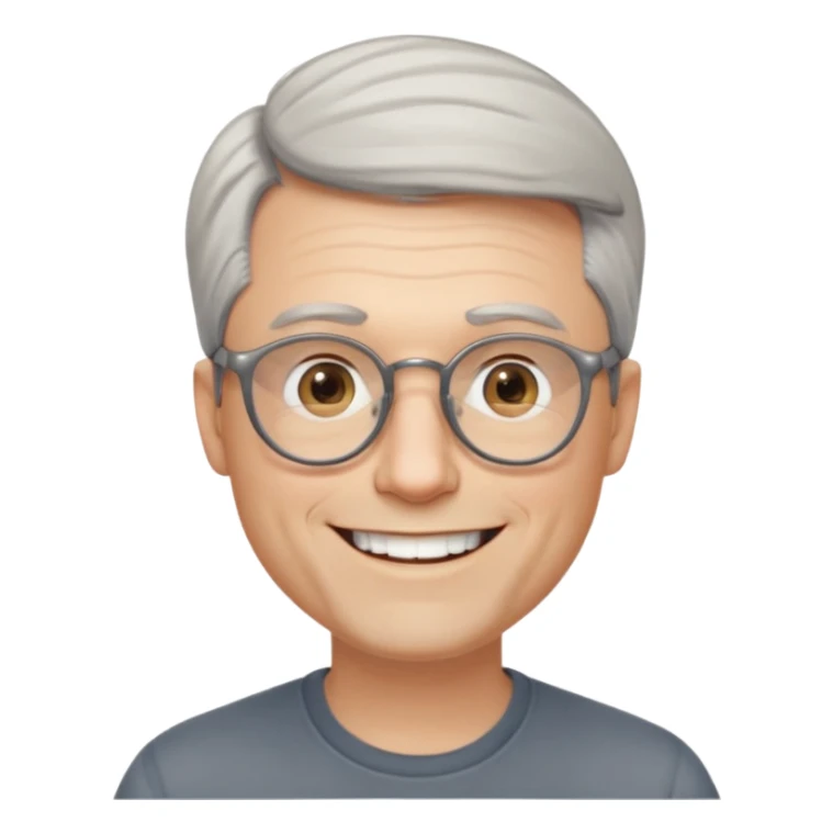 40 yr old pale white man, grey side swept hair, round glasses, big smile, white teeth, handsome, longer hair, thin glasses, no wrinkles sticker