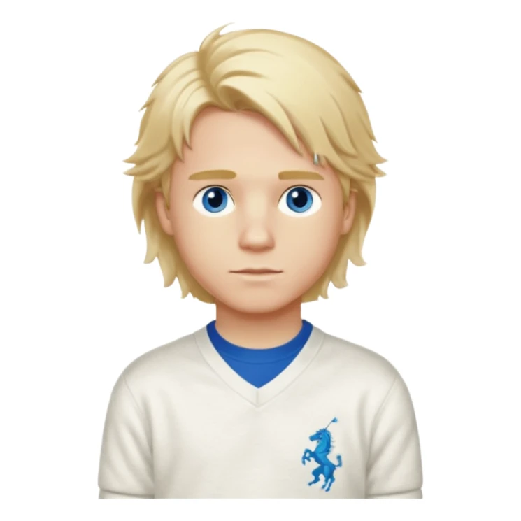 Create a look for a blond boy with long, tousled hair, light eyes, a white sweater, a wealthy appearance, blue eyes, a
nd accessories like a Rolex or Cartier watch, and a cute face with messy hair down. blue eyes + polo ralph lauren and the hair to the side sticker