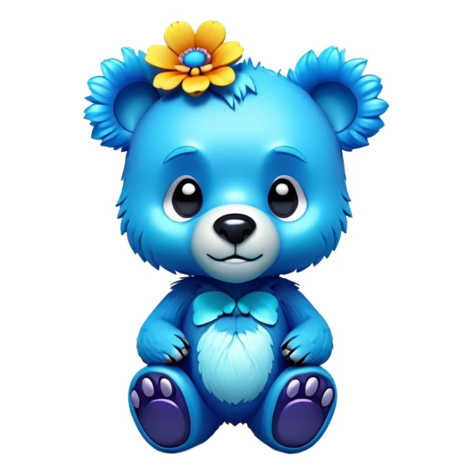 3D, adorable little Pixar style blue neon punk bear with a flower, ultra detailed, each lash, eye, and strand of fur is shown in stunning detail as though captured in a timeless photograph, rich textures, visually rich, so lifelike it feels like it could leap off the page at any moment sticker