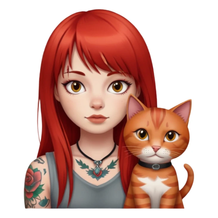 girl with long red  straight bangs hair and tattoos and a grey-shared cat sticker