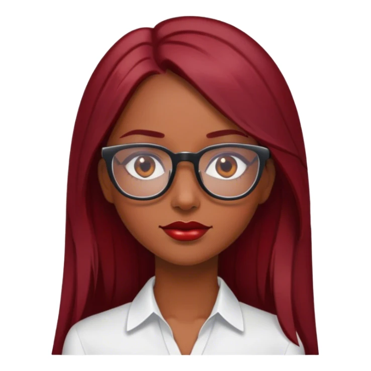 Garota linda, parda, cabelos longos e lisos, cabelos de cor "dark red cherry" blusinha branca e óculos de grau sticker