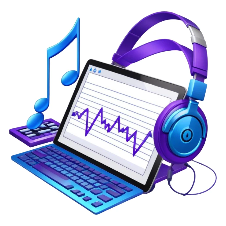 Create a creative and inspiring emoji that represents writing music tracks. The design should feature musical notes, a pen or pencil, and a digital audio workstation (DAW) interface or a computer screen with a visible waveform, symbolizing the process of composing and arranging a track. Add elements like a metronome or a pair of headphones to reflect the recording and editing aspects. Use vibrant colors like electric blue, purple, or neon green to represent creativity and innovation in music production. The background should be transparent. sticker