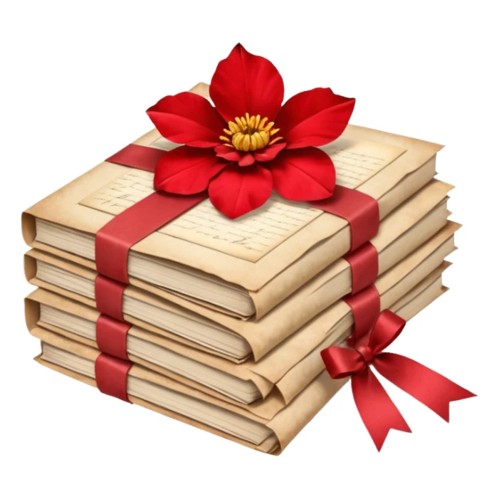 A beautifully arranged Stack of aged letters, tied with a red ribbon, envelopes, corespondence, aesthetic, red flower petals around, mail sticker