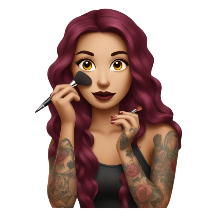 Beautiful tattooed burgundy long haired woman doing her makeup sticker
