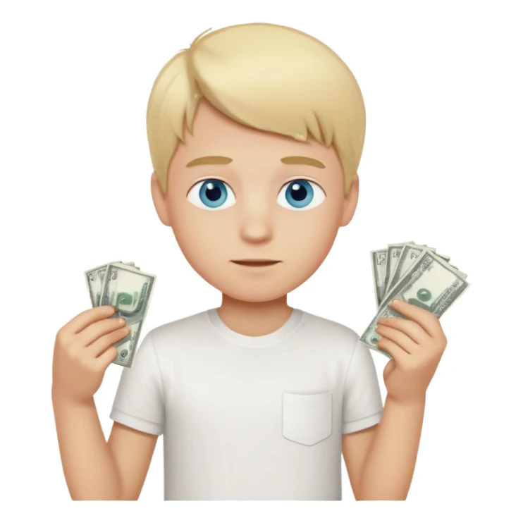 blonde boy, blue eyes, white shirt, holding money sticker