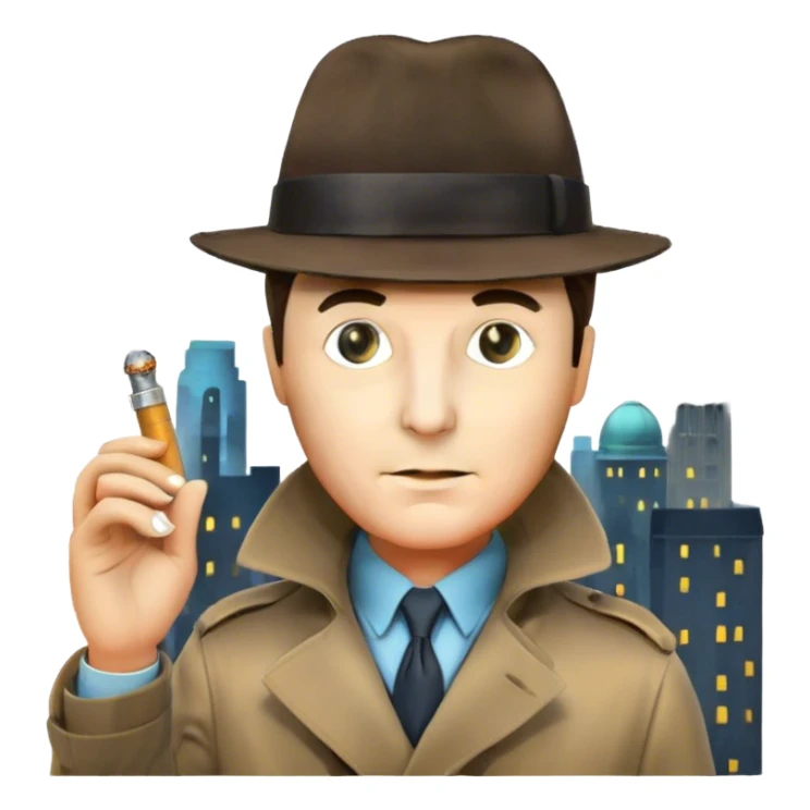 Icon for Detective Movies: A colorful collage featuring iconic detective elements—magnifying glass, a fedora hat, a cigarette, a shadowy figure, and a mysterious city backdrop. Include subtle clues like fingerprints or a crime scene. Retro movie poster style. Transparent background. sticker