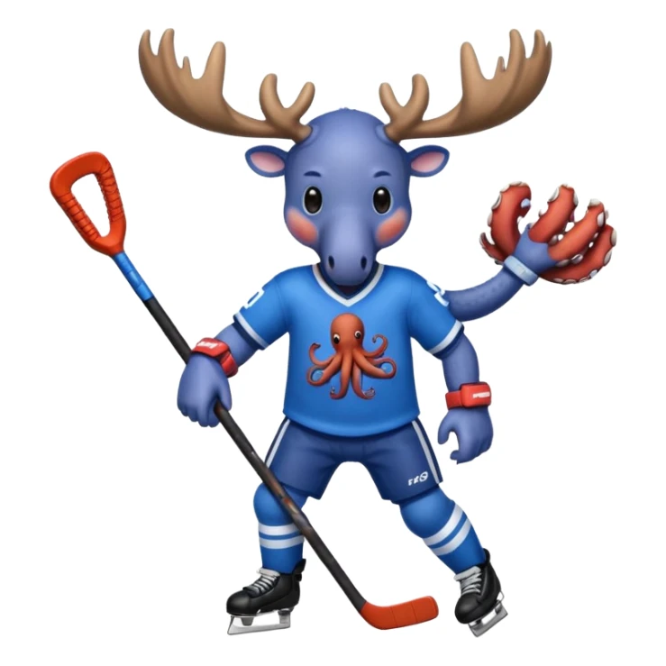 Moose playing hockey with blue jersey that has octopus on it sticker