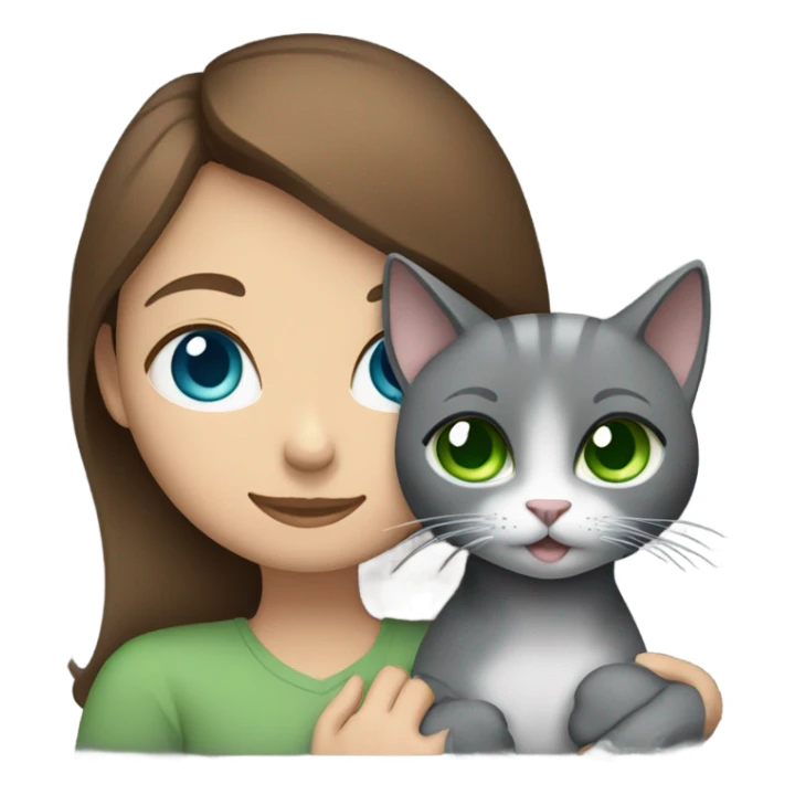 A brown-haired girl with blue eyes is hugging a gray cat with green eyes. sticker