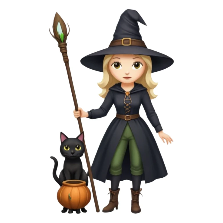 a witch with a hat and a broomstick and a black cat sticker