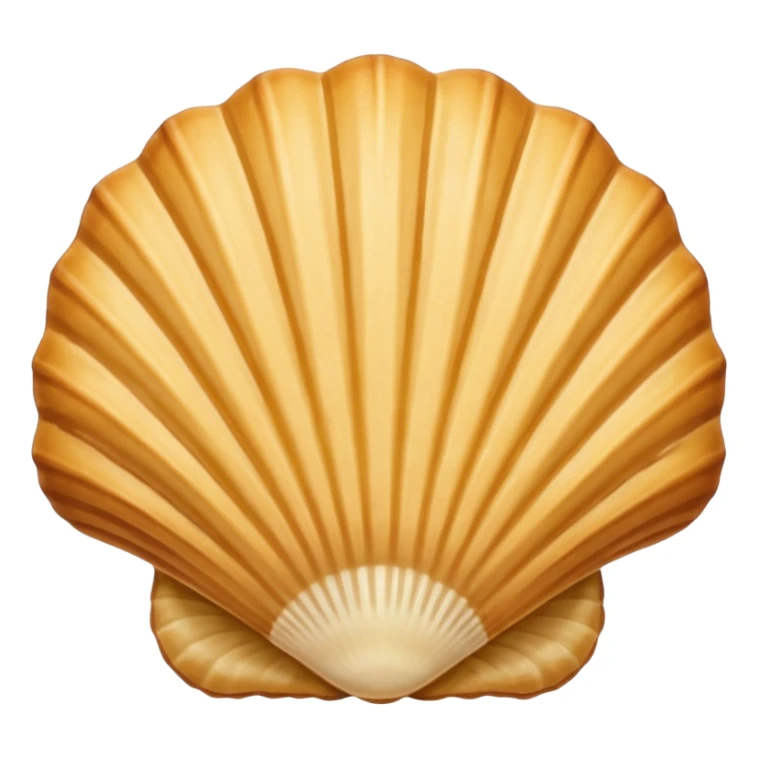 A madeleine pastry. Scalloped seashell shape with four to five vertical lines going in the same direction. Light golden brown. Scalloped edge. Cookie. Flat. Long. Oval shape sticker