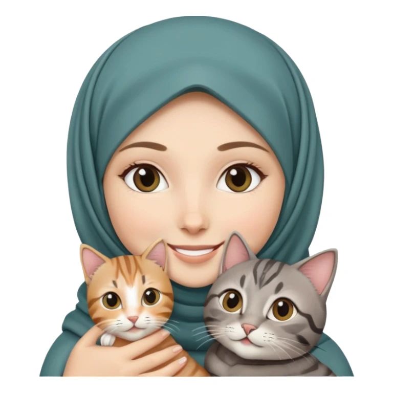 White girl wearing hijab holding a black grey tabby cat while smiling sticker