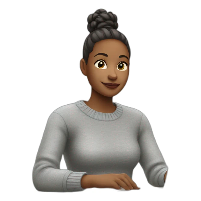 Woman with short ponytail and gray sweater sitting at table with Apple laptop sticker