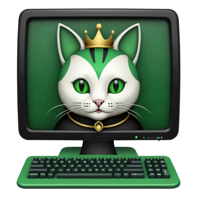 mac os icon code computer retro terminal, black, green white, fantasy court jester cat draw as ASCII GREEN code inside the terminal sticker