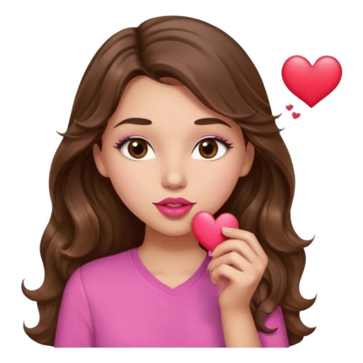 girl with long wavy brown hair, brown eyes, light to medium complexion, in a pink shirt, pink lips, long lashes, puckering up for a kiss, kiss lips and big heart in hand sticker